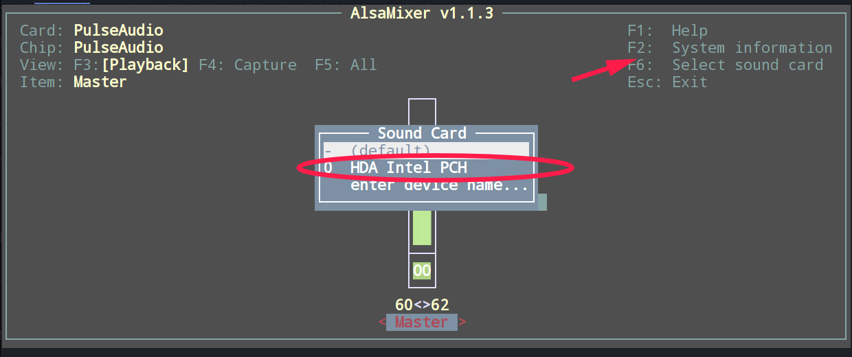 alsamixer选择声卡界面